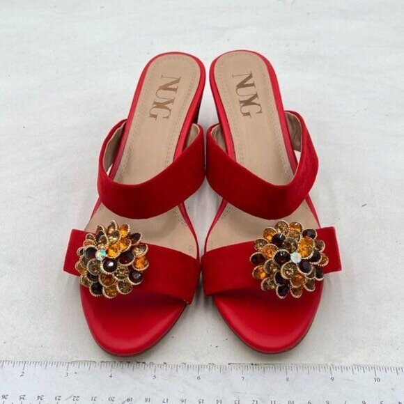Red Crystal Flower for Bride Wedding Open Toe Chunky Heels Double Strap Sandals - Picture 2 of 6